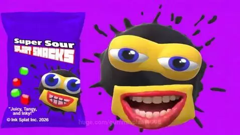 Vibrant purple bag of Super Sour Splaat Snacks with colorful candies and a black splat character against a pink background.