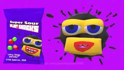 Animated purple splat character with big blue eyes on a purple background, next to a bag of Super Sour Splaat Snacks.