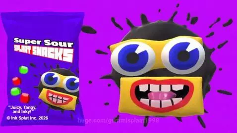 Cartoon ink-splat character next to a purple bag of Super Sour Splaat Snacks with colorful candies.