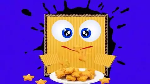 Cartoon box character with a face enthusiastically eating star-shaped chicken nuggets.