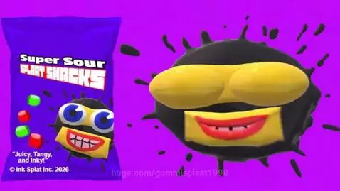Advertisement for Super Sour Splaat Snacks featuring a purple bag and a smiling ink-splat character.