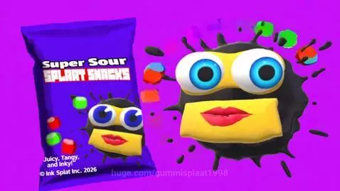 Advertisement for Super Sour Splaat Snacks featuring a purple bag and an animated ink-splat character.