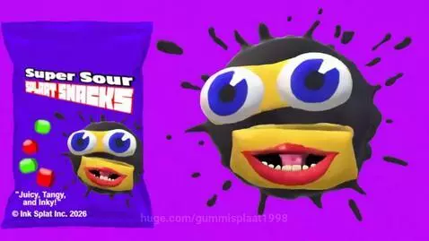 Super Sour Splaat Snacks bag with colorful candies and a splat-shaped animated character.