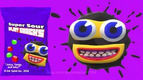 Advertisement for Super Sour Splaat Snacks featuring a purple bag and a large, smiling ink splat character with black splatters.