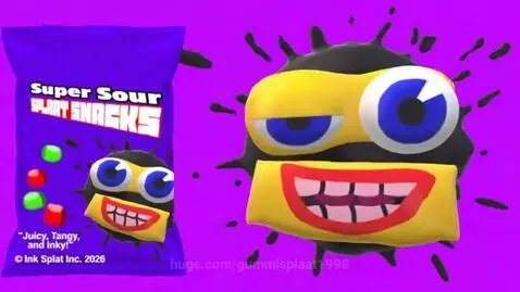 Cartoon character with spiky hair and big blue eyes next to a purple snack bag of Super Sour Splaat Snacks.