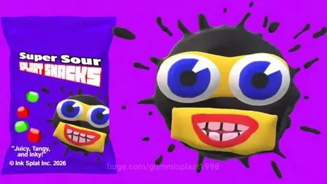Super Sour Splaat Snacks bag with a purple background and animated character with flying candies.