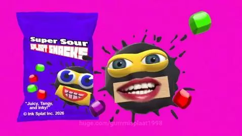 Super Sour Splaat Snacks bag and ink-splat character on a pink background with floating candy cubes.