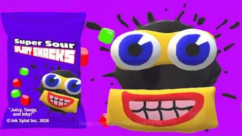 Animated splat character next to a bag of Super Sour Splaat Snacks with colorful candies.