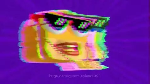 Animated yellow cardboard face with realistic eyes and pixelated sunglasses, wearing a gold chain, against a purple background.