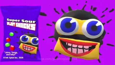 Animated black splat character with big blue eyes and red lips, next to a snack bag of sour candies.