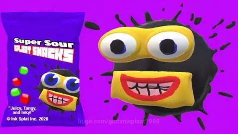 Super Sour Splaat Snacks bag with animated character promoting the candy.