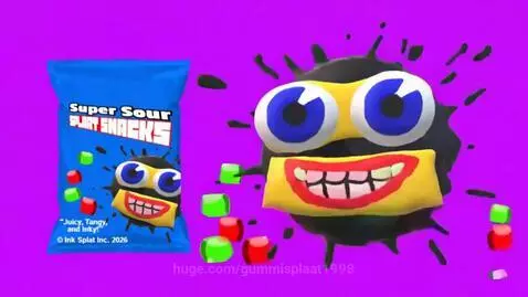 Animated black ink splat character with realistic eyes, promoting Super Sour Splaat Snacks with colorful candies.