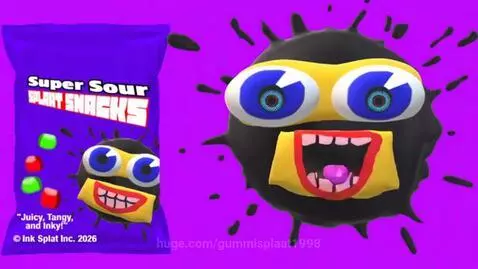 Animated purple splat character eating Super Sour Splaat Snacks with purple liquid splashing.