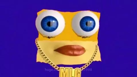 Cartoon yellow face with big blue eyes and gold chain against a blue background, transitioning to a psychedelic gradient.