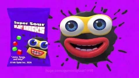 Animated black ink splat character with yellow eyes and red lips eating red and green candies against a pink background.