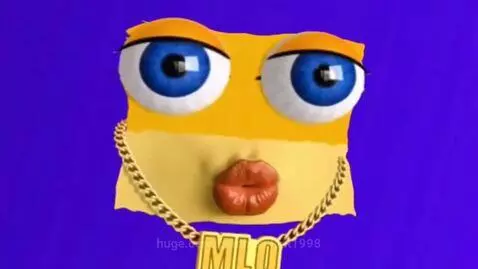 Animated yellow character with large blue eyes and red lips, no longer wearing sunglasses, against a colorful flashing background.