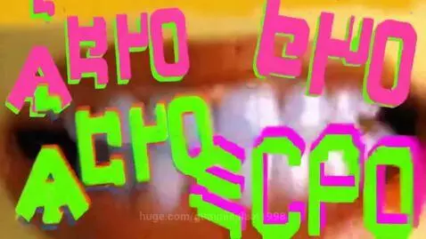 Animated yellow face with blue eyes and gold chain rapping in front of glitchy, colorful backgrounds for Super Sour Splaat Snacks.