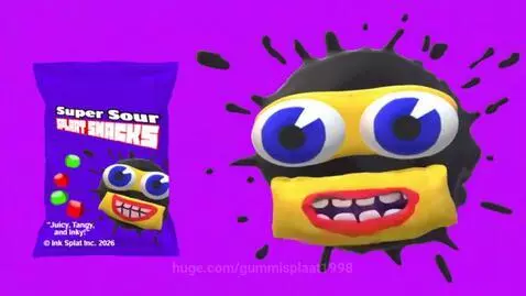 Advertisement for Super Sour Splat Snacks featuring a purple bag and a talking purple ink splat character.