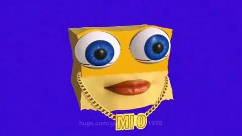 Cartoon character Mio with realistic eyes and lips, wearing pixelated sunglasses and a gold chain, against a colorful, flashing background.