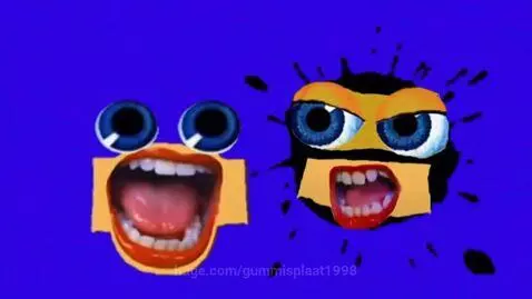 Two stylized animated faces, one yellow cardboard with blue eyes, the other a black ink splat, against a blue background.