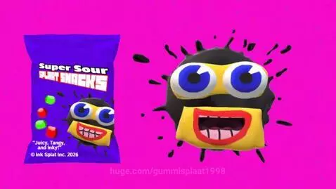 Super Sour Splaat Snacks bag with animated ink splat character on a pink background.
