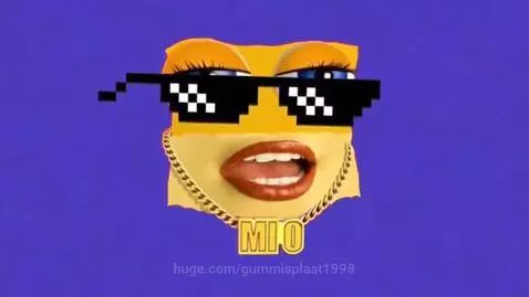 Animated cardboard character named Mio wearing pixelated sunglasses and a gold chain, with a colorful flashing background.