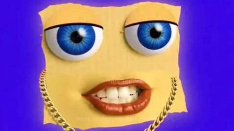 Animated cardboard face with blue eyes and gold MLG chain, distorted with flashing colorful background.