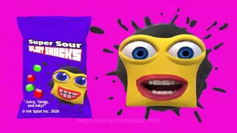Animated ink splat character with yellow face and purple teeth enthusiastically eating a red gummy candy.