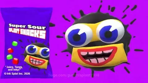 Animated ink splat character advertising Super Sour Splaat Snacks with colorful candy cubes on a purple background.