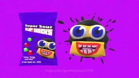 Purple bag of Super Sour Splaat Snacks with colorful candies and a cartoon blob character on a vibrant purple background.