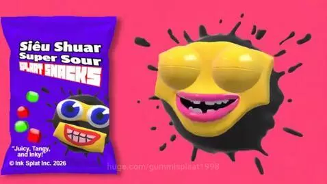 Animated yellow ink splat character with realistic eyes and pink lips, promoting Super Sour Splaat Snacks.