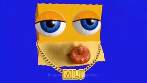 Stylized animated character with blue eyes and red lips, wearing sunglasses and a gold chain, against a blue background.