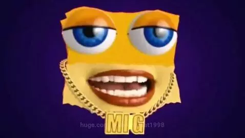 Animated yellow cardboard face with blue eyes and gold 'MIG' chain, sunglasses fly off revealing eyes.