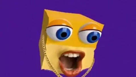 A yellow, block-shaped character with realistic eyes and a gold chain, looking confident after removing sunglasses.