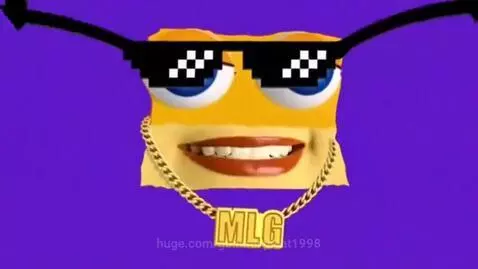 Animated yellow character with realistic eyes and lips, sunglasses removed, revealing blue pupils against a flashing gradient background.