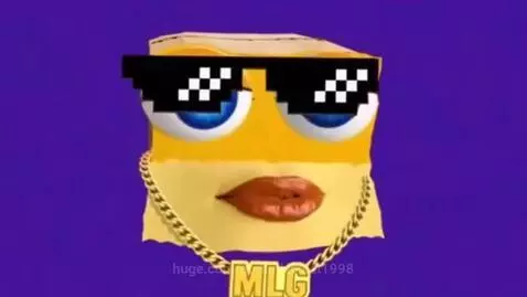 Animated yellow face with blue eyes, red lips, and an MLG gold chain, wearing pixelated sunglasses that are flying off.