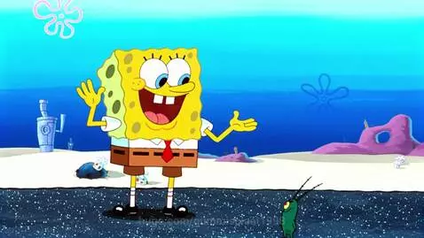 Spongebob Squarepants confronting Plankton on a sandy seabed, asking about the Twin Towers.