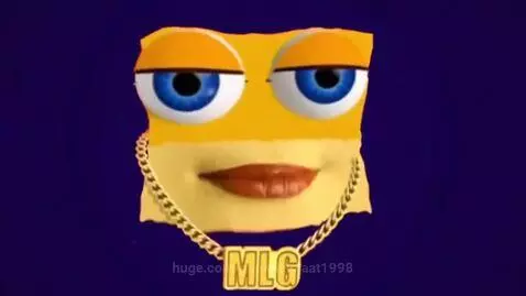 Cartoon face with blue eyes and red lips, wearing pixelated sunglasses and a gold chain, against a colorful gradient background.