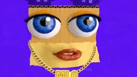 A cardboard face character named Emelo wearing pixelated sunglasses and a gold chain, then revealing blue eyes against a colorful flashing background.