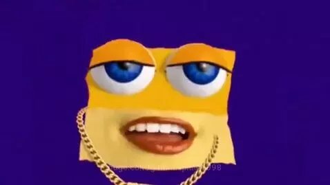 Cardboard face with blue eyes, gold chain, and sunglasses flying off, against a flashing colorful gradient background.