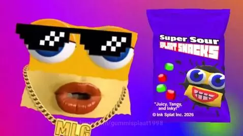 Animated yellow face with sunglasses and gold chain rapping in front of a colorful, swirling background advertising Super Sour Splaat Snacks.