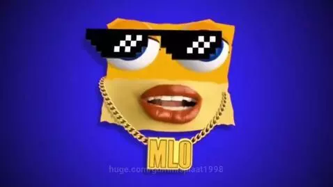 Animated character Milo with pixelated sunglasses and gold chain, revealing blue eyes against a flashing colorful gradient background.