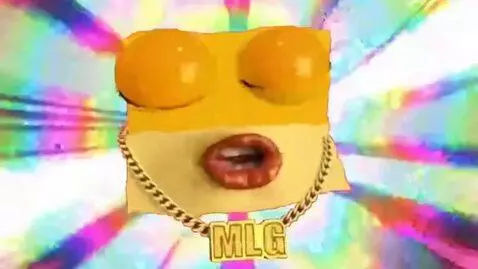Animated cardboard face with blue eyes and gold MLG chain, sunglasses fly off revealing wide eyes.