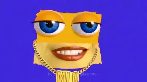 A yellow carton character named Mio with blue eyes, red lips, and a gold 'MIO' chain, transforming with a colorful background.