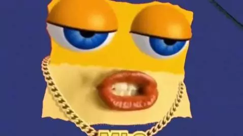 Yellow ripped paper face with blue eyes, pixelated sunglasses, and gold chain against a colorful, flashing background.