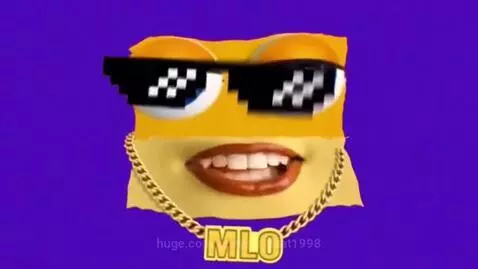 Animated yellow cardboard face with blue eyes, pixelated sunglasses, and gold chain on a purple background.