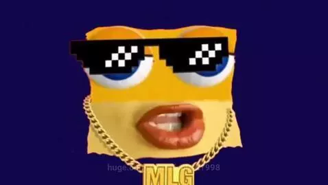 Animated cardboard character with blue eyes and red lips, removing pixelated sunglasses, against a colorful flashing background.