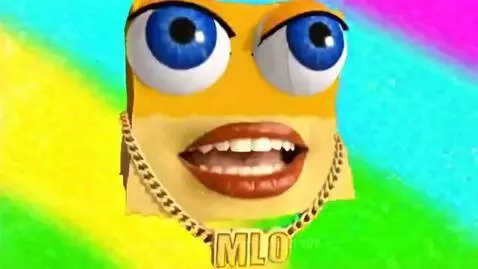 Animated yellow cardboard face with blue eyes and red lips wearing sunglasses, rapping.