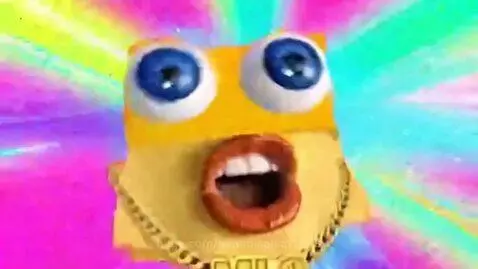 Animated yellow character named Milo with realistic eyes and lips, wearing a gold chain, revealing his look after removing sunglasses.