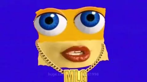 Cartoon yellow face with large blue eyes, red lips, and gold MLG chain against a flashing rainbow swirl.